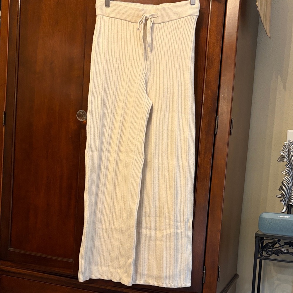 Lou & Grey Cream Ribbed Knit Wide-Leg Pants